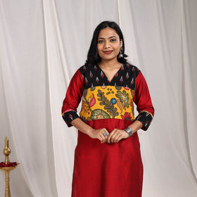 Maroon - Aarushi Slub Silk Straight Plain Kurta with Patchwork