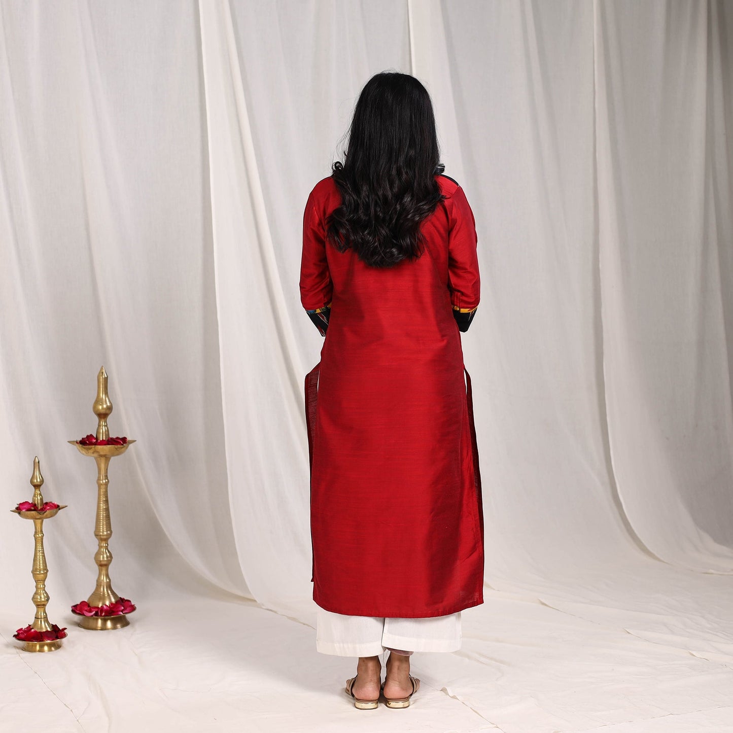 Maroon - Aarushi Slub Silk Straight Plain Kurta with Patchwork