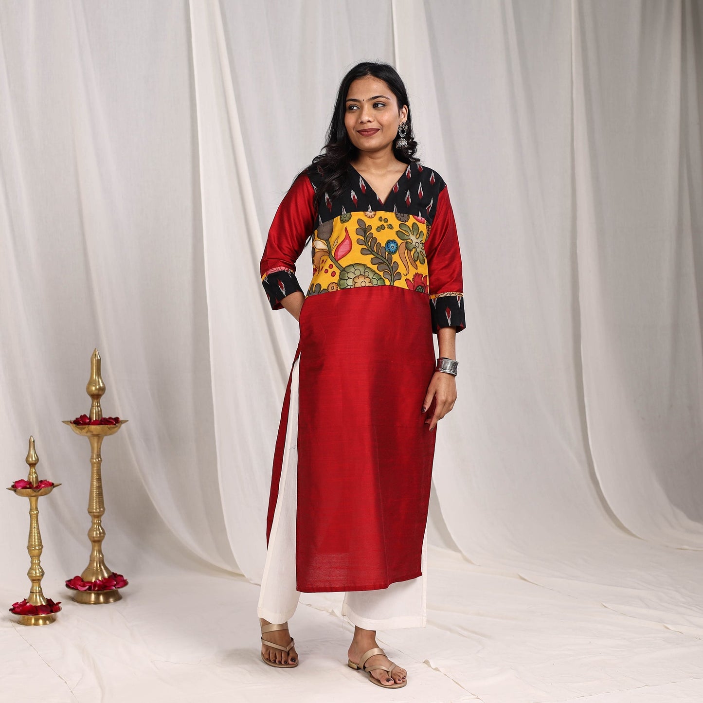 Maroon - Aarushi Slub Silk Straight Plain Kurta with Patchwork