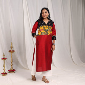 Maroon - Aarushi Slub Silk Straight Plain Kurta with Patchwork