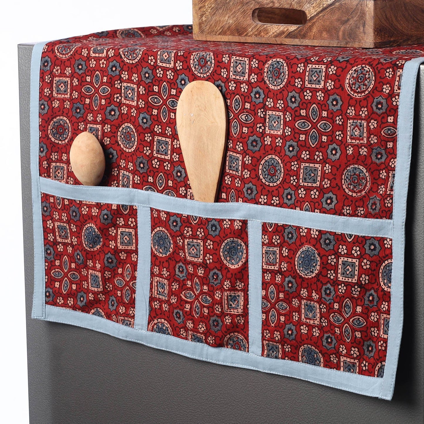 Red Ajrakh Block Printed Cotton Fridge Top Cover with Pockets