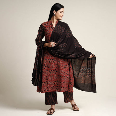 Red - Ajrakh Block Printed Cotton Kurta with Palazzo & Dupatta Set