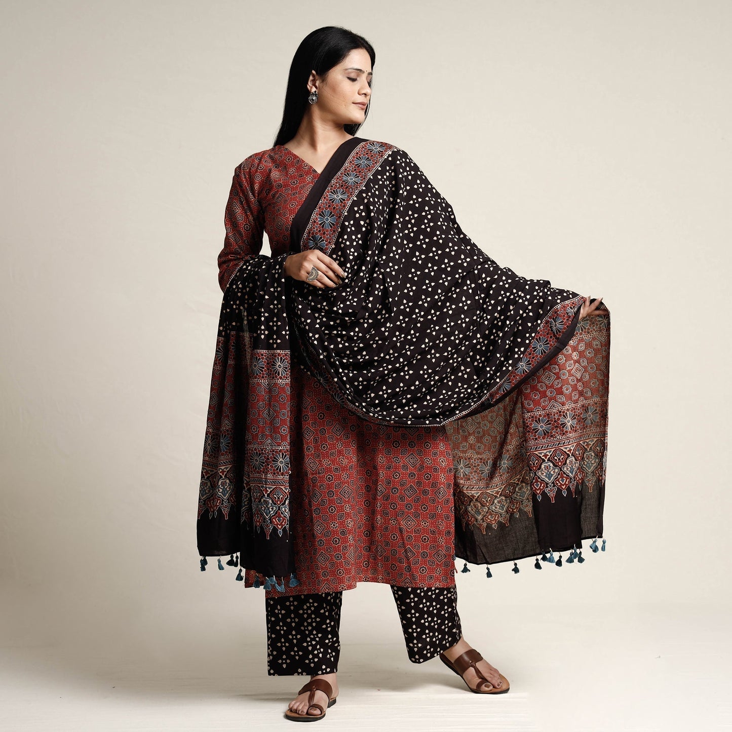 Buy Ajrakh Block Printed Cotton Kurta with Palazzo & Dupatta Set Online at iTokri.com