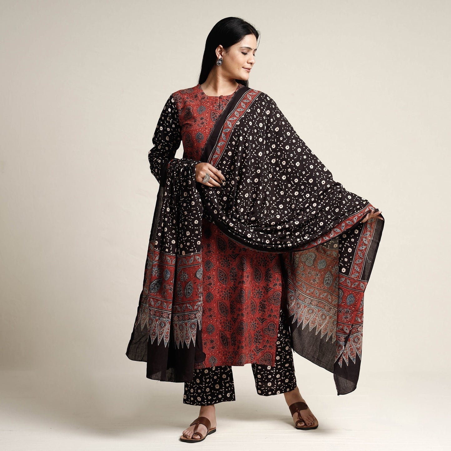 Red - printed cotton kurta with palazzo & dupatta set
