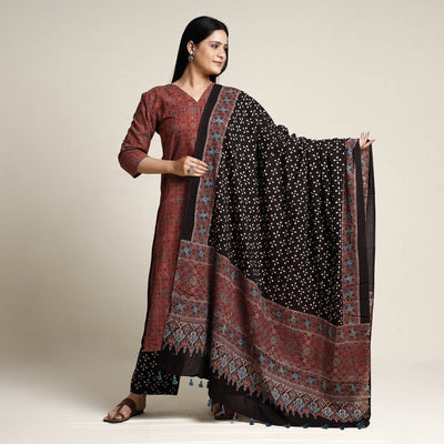 Buy Ajrakh Block Printed Cotton Kurta with Palazzo & Dupatta Set Online at iTokri.com