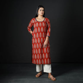 Red - Indigo Ajrakh Block Print Cotton Long Kurta for Women
