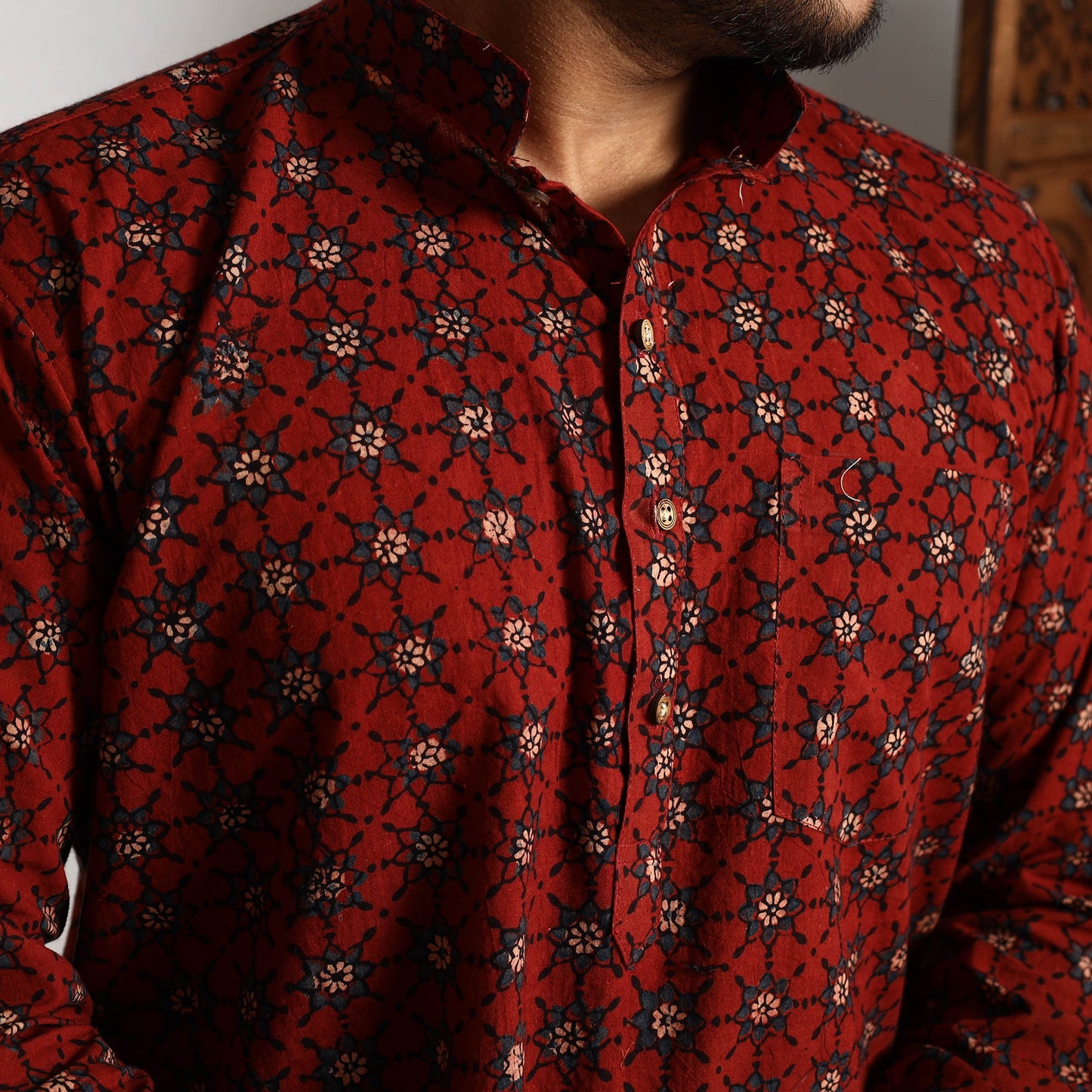 Buy Ajrakh Block Printed Cotton Men Long Kurta Online at iTokri.com