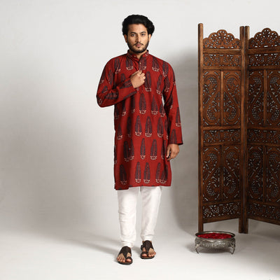 Red - ajrakh block printed cotton men long kurta