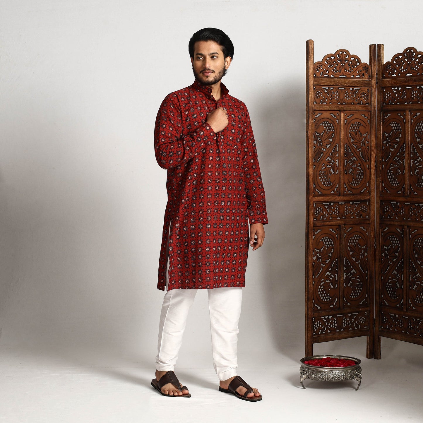 Buy Ajrakh Block Printed Cotton Men Long Kurta Online at iTokri.com