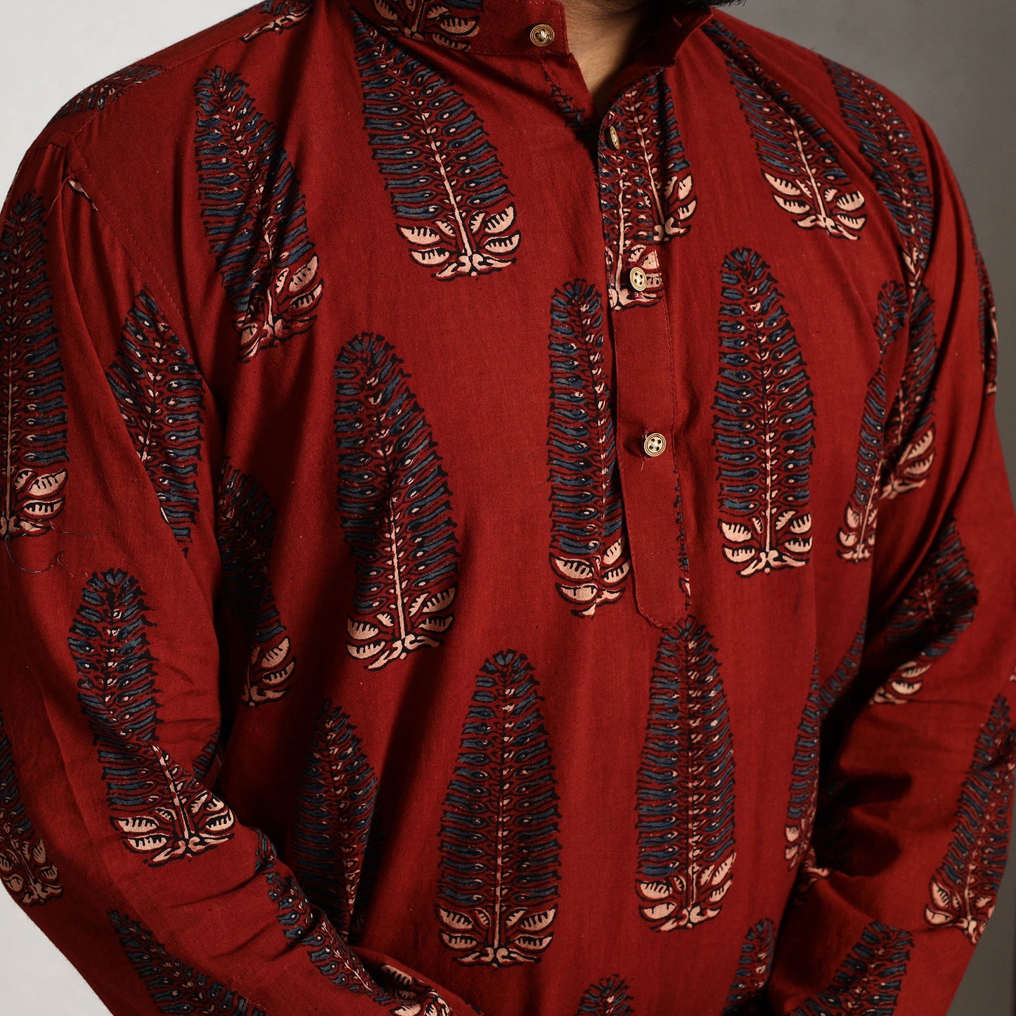 Red - ajrakh block printed cotton men long kurta