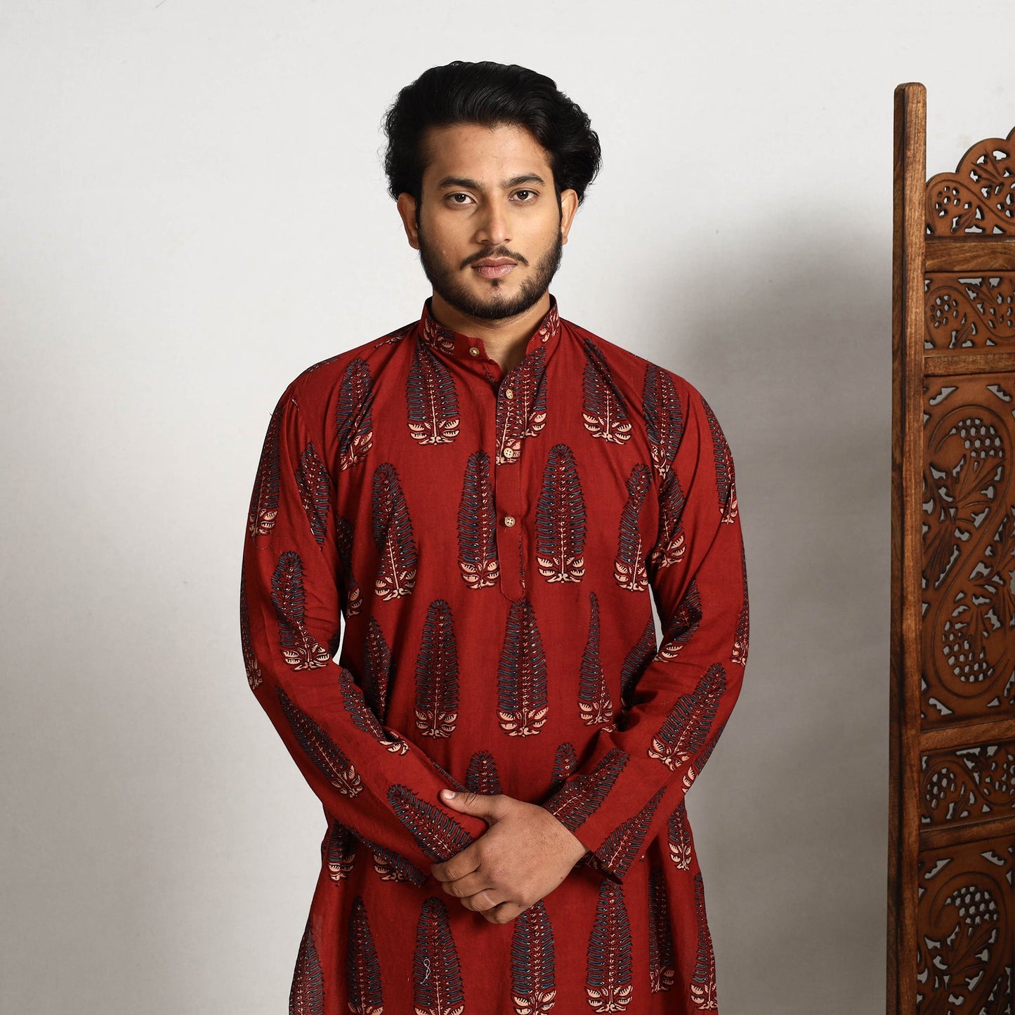Red - ajrakh block printed cotton men long kurta