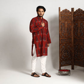 Red - ajrakh block printed cotton men long kurta