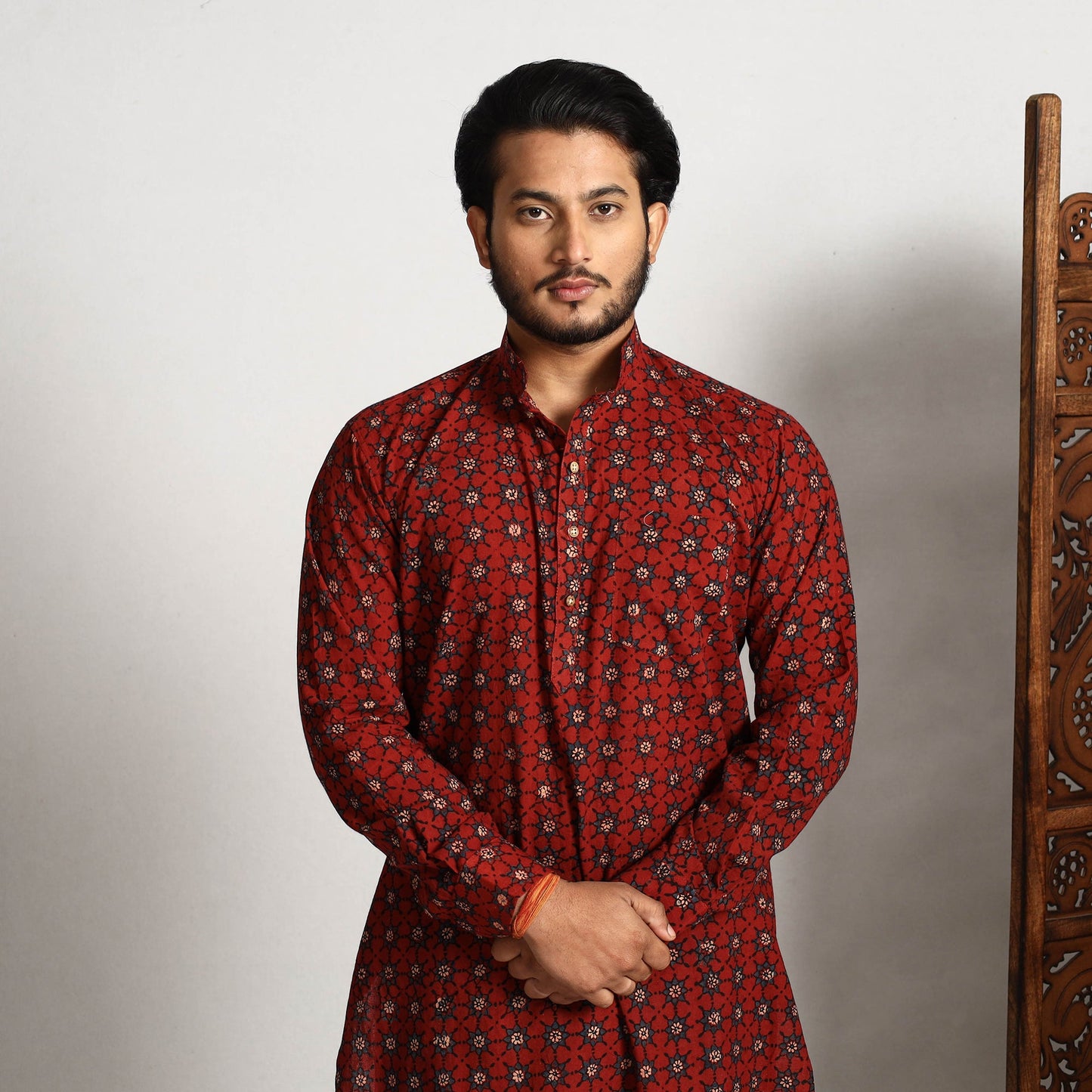 Buy Ajrakh Block Printed Cotton Men Long Kurta Online at iTokri.com