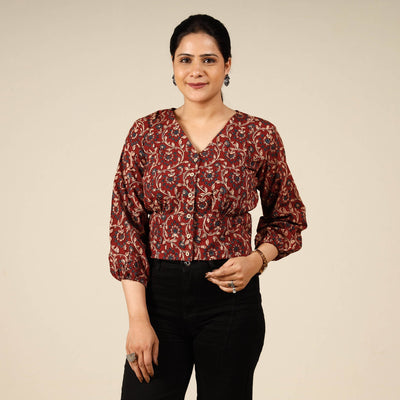 Ajrakh block printed full sleeve cotton crop top