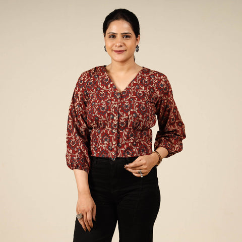 Ajrakh block printed full sleeve cotton crop top