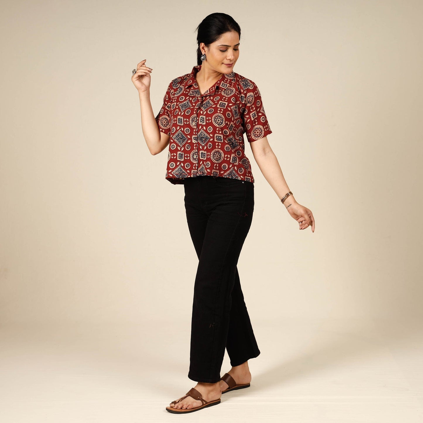 Printed half sleeve cotton crop top - handcrafted