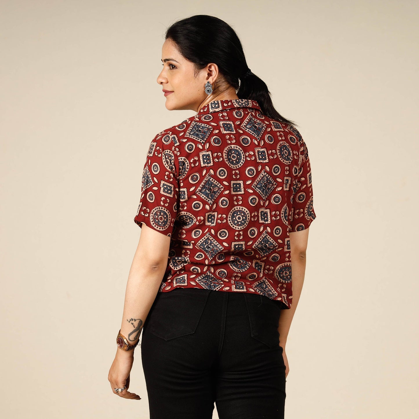 Printed half sleeve cotton crop top - handcrafted