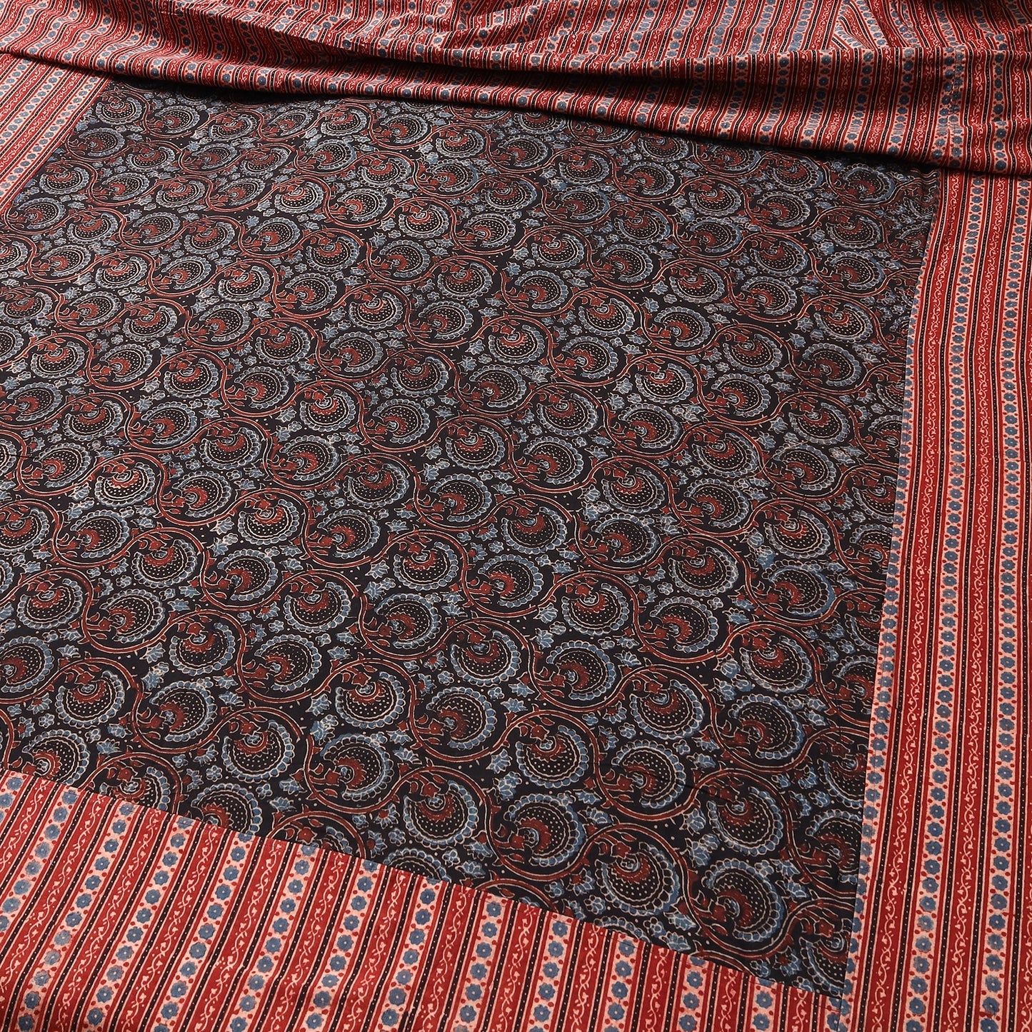 Red - printed patchwork cotton double bed cover with pillow