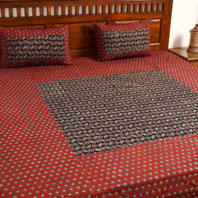 Red - printed patchwork cotton double bed cover with pillow