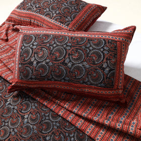 Red - printed patchwork cotton double bed cover with pillow
