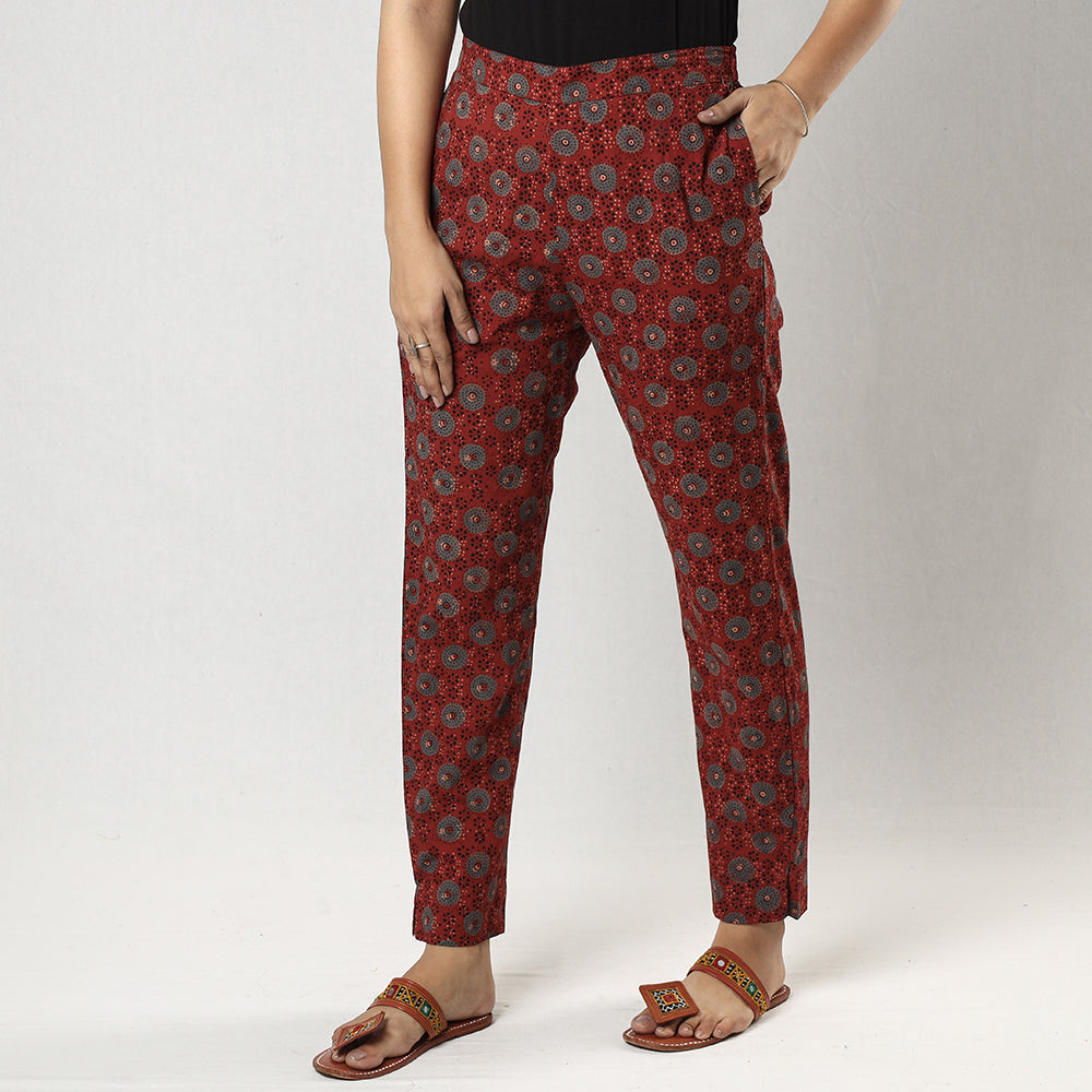 Red printing cotton tapered casual pant for women