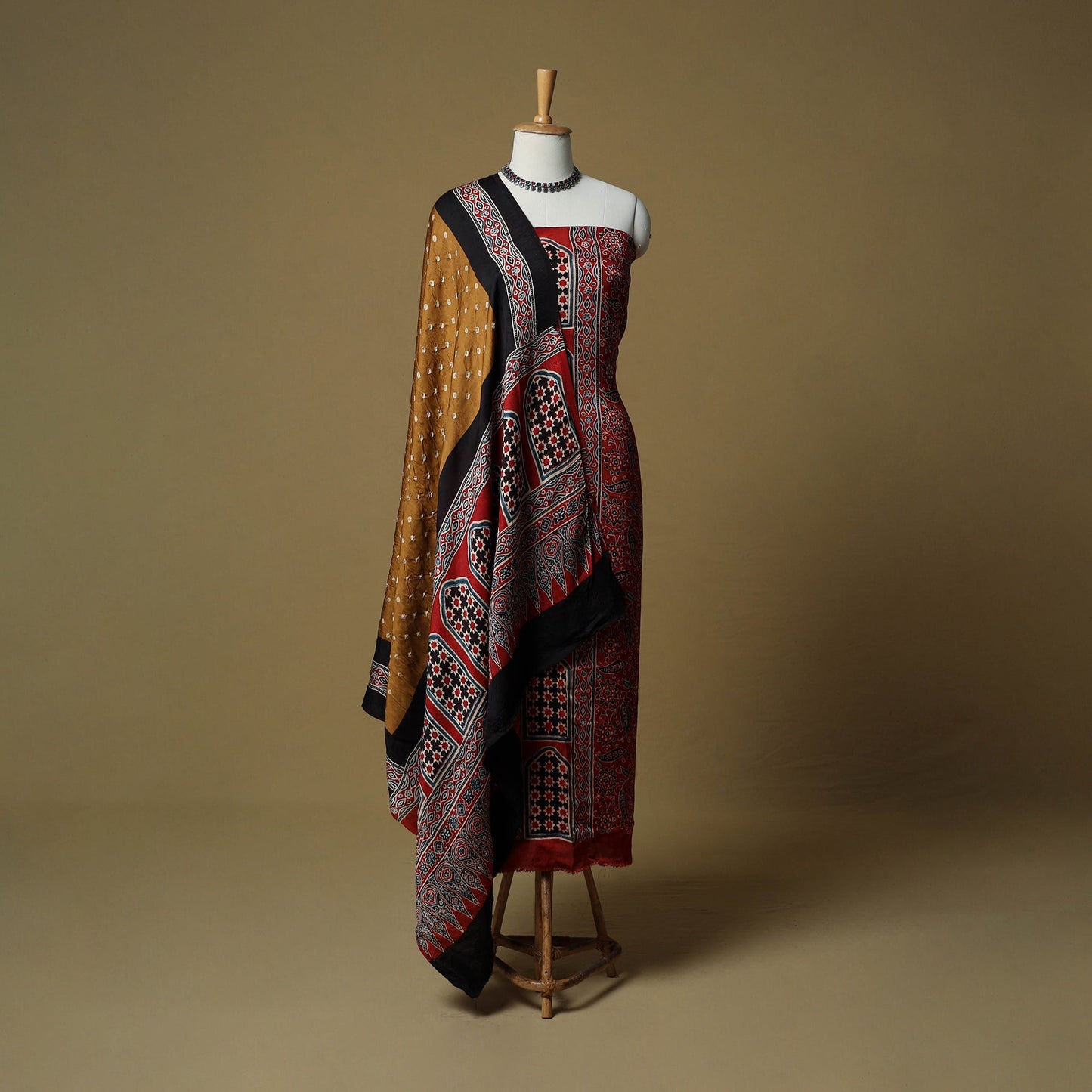 Ajrakh hand block print with bandhani modal silk natural