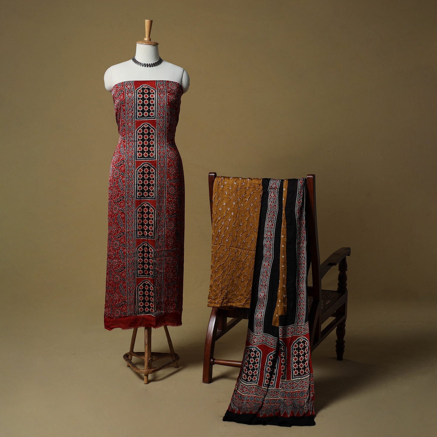 Ajrakh hand block print with bandhani modal silk natural