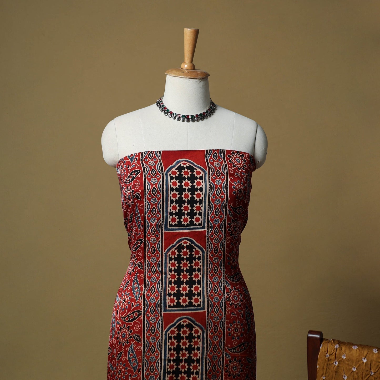 Ajrakh hand block print with bandhani modal silk natural
