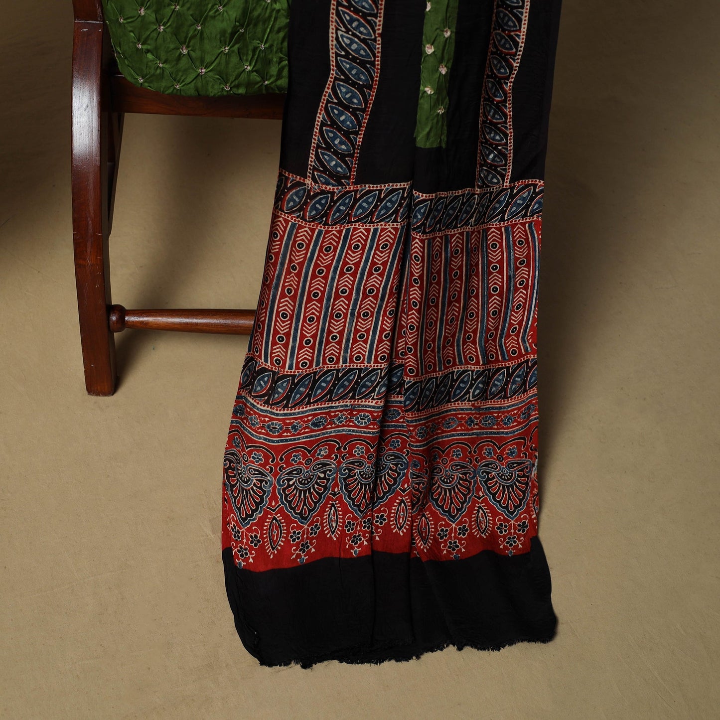 Ajrakh hand block print with bandhani modal silk natural