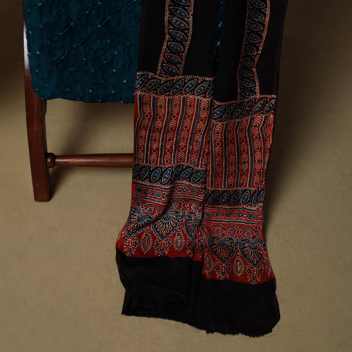 Ajrakh hand block print with bandhani modal silk natural