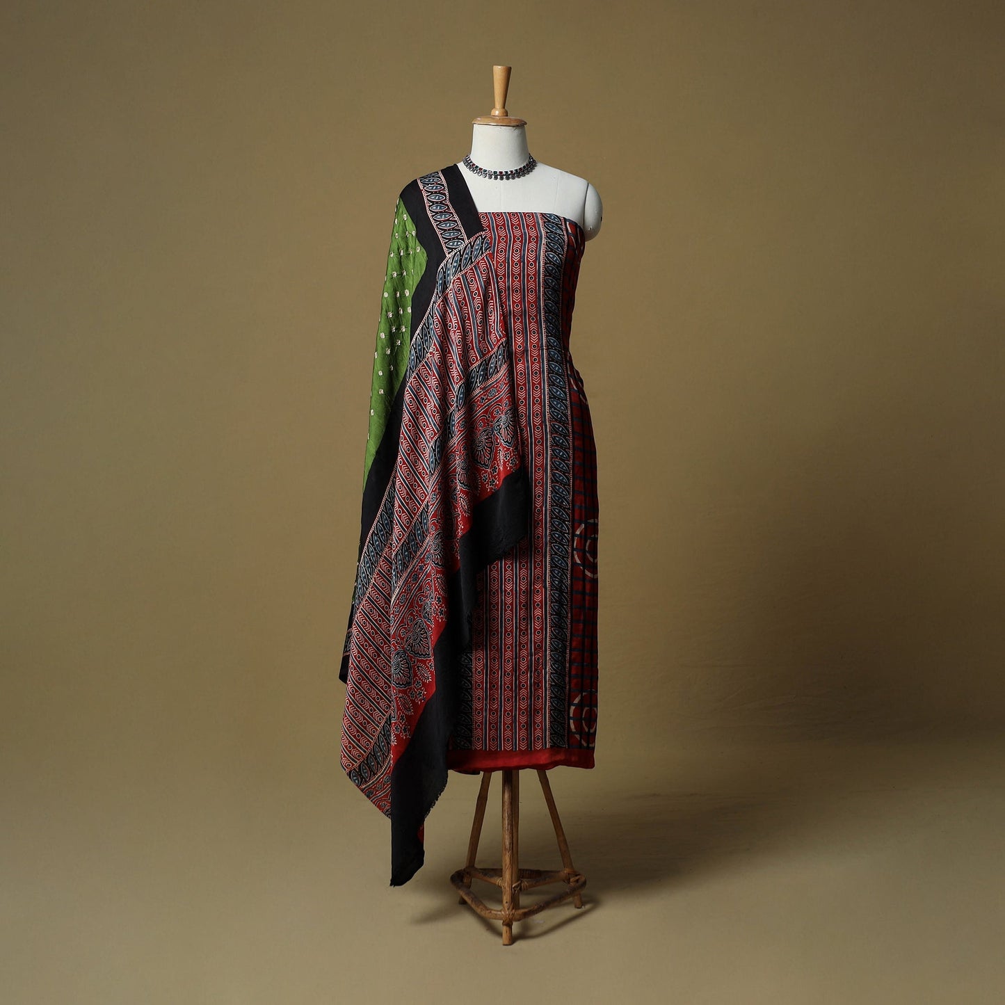 Ajrakh hand block print with bandhani modal silk natural