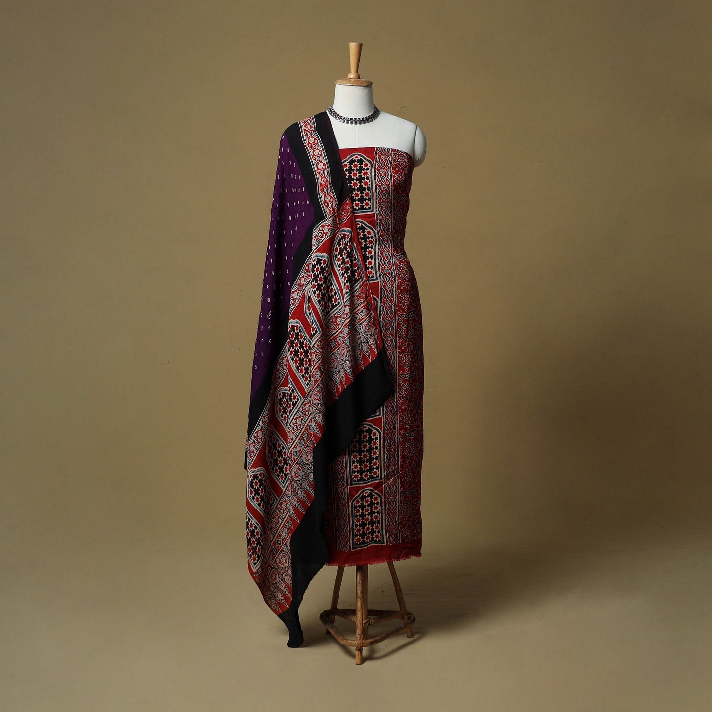 Ajrakh hand block print with bandhani modal silk natural