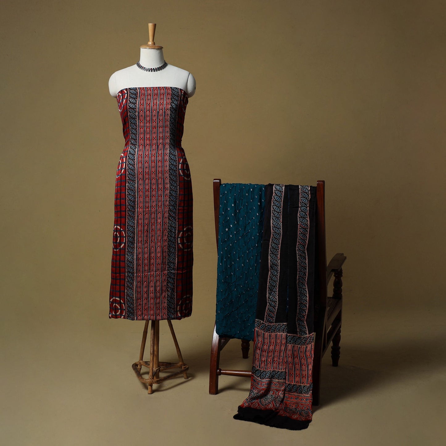 Ajrakh hand block print with bandhani modal silk natural