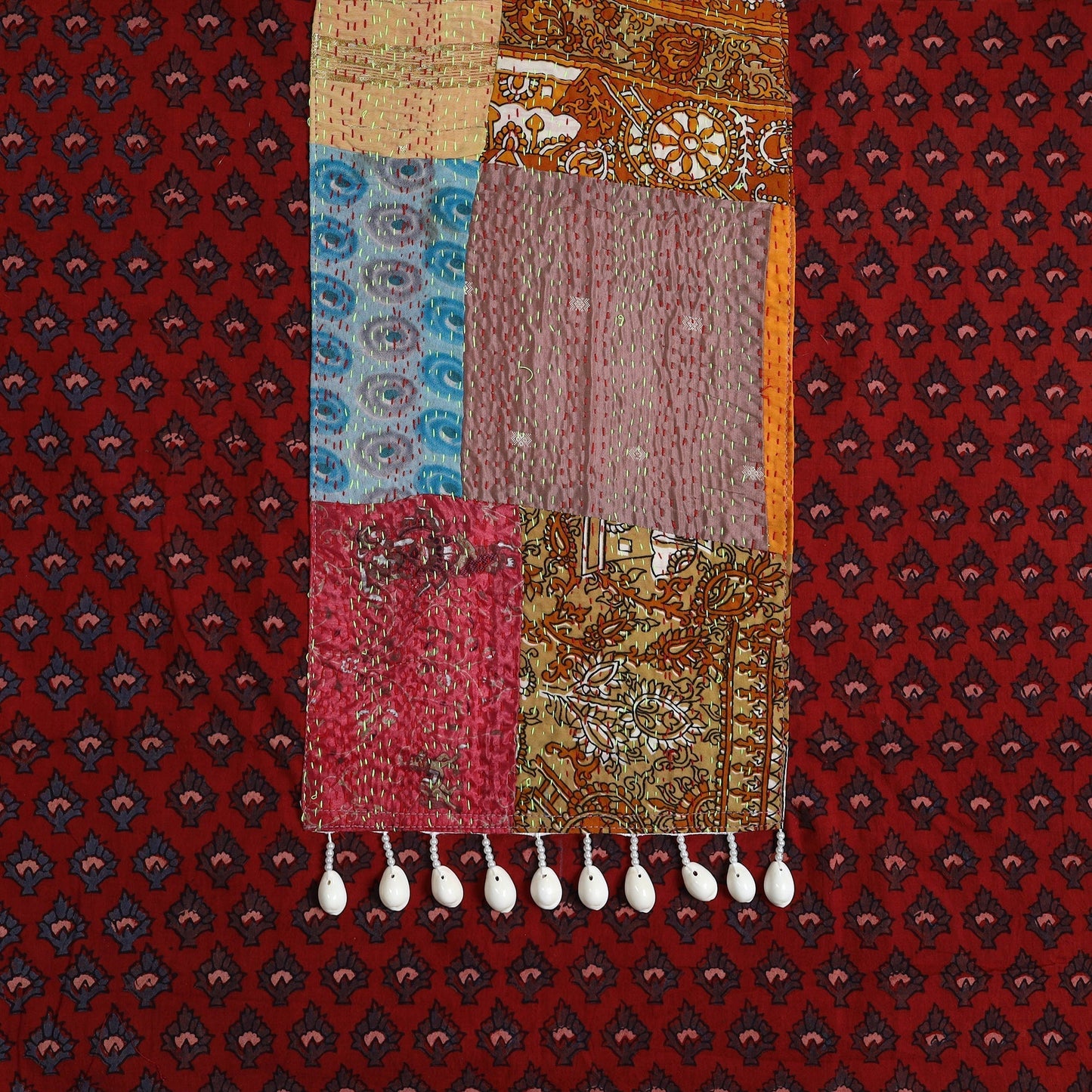 Red Ajrakh Print Cotton Patchwork Kurta Material (3m)