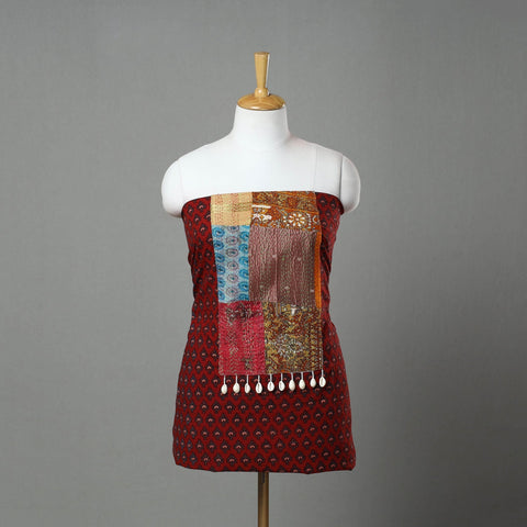 Red Ajrakh Print Cotton Patchwork Kurta Material (3m)