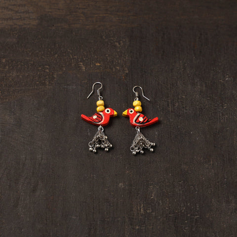 Red - aliya german silver jhumki earrings with wooden bird