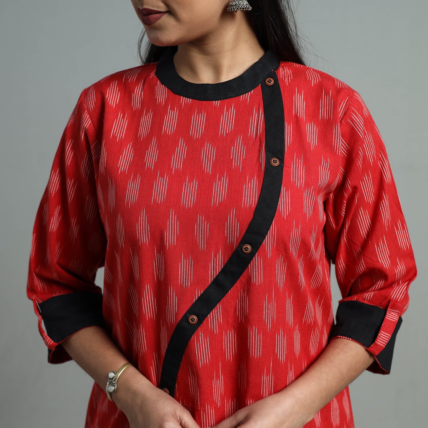 Red - Angrakha Cotton Straight Pochampally Ikat Kurta 07