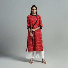 Red - Angrakha Cotton Straight Pochampally Ikat Kurta 07