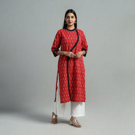 Red - Angrakha Cotton Straight Pochampally Ikat Kurta 07