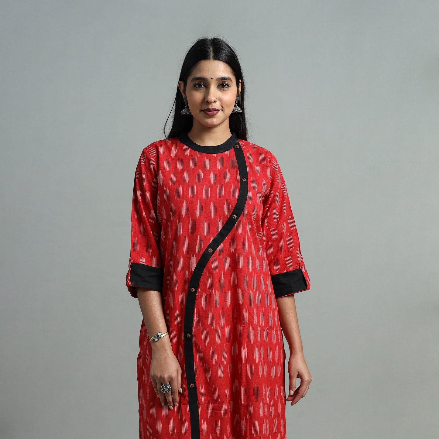 Red - Angrakha Cotton Straight Pochampally Ikat Kurta 07