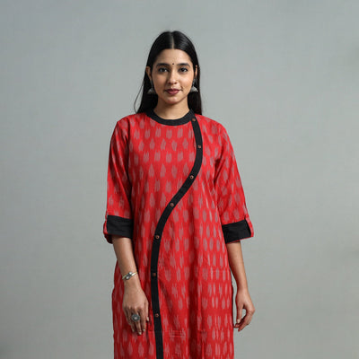 Red - Angrakha Cotton Straight Pochampally Ikat Kurta 07