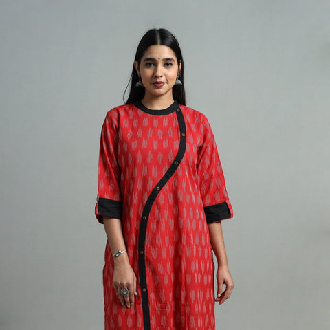 Red - Angrakha Cotton Straight Pochampally Ikat Kurta 07