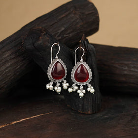 Red - antique silver finish oxidised stone work earrings