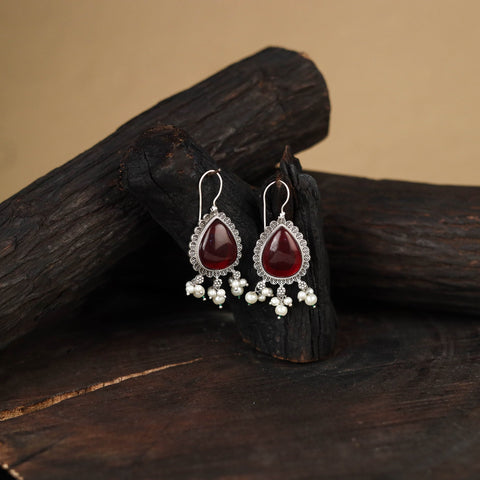 Red - antique silver finish oxidised stone work earrings