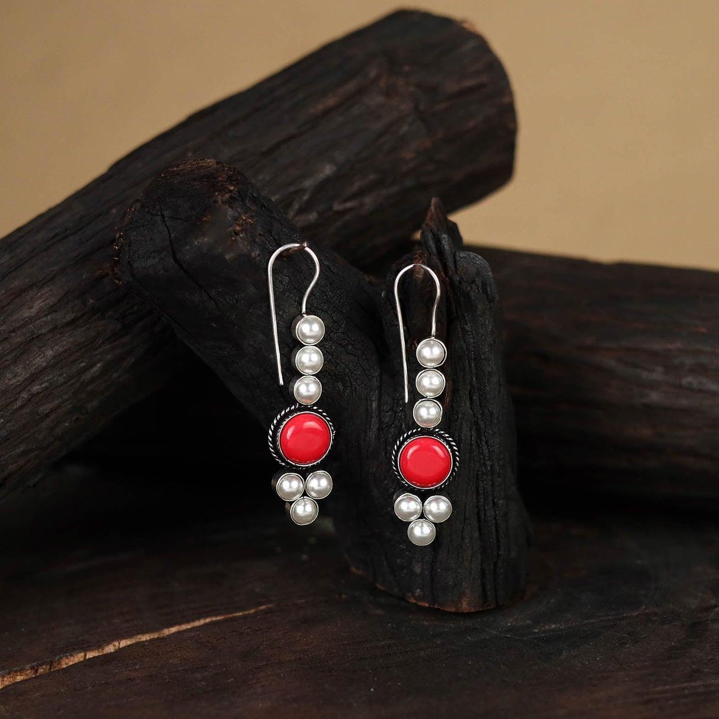 Red - antique silver finish oxidised stone work earrings