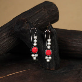 Red - antique silver finish oxidised stone work earrings