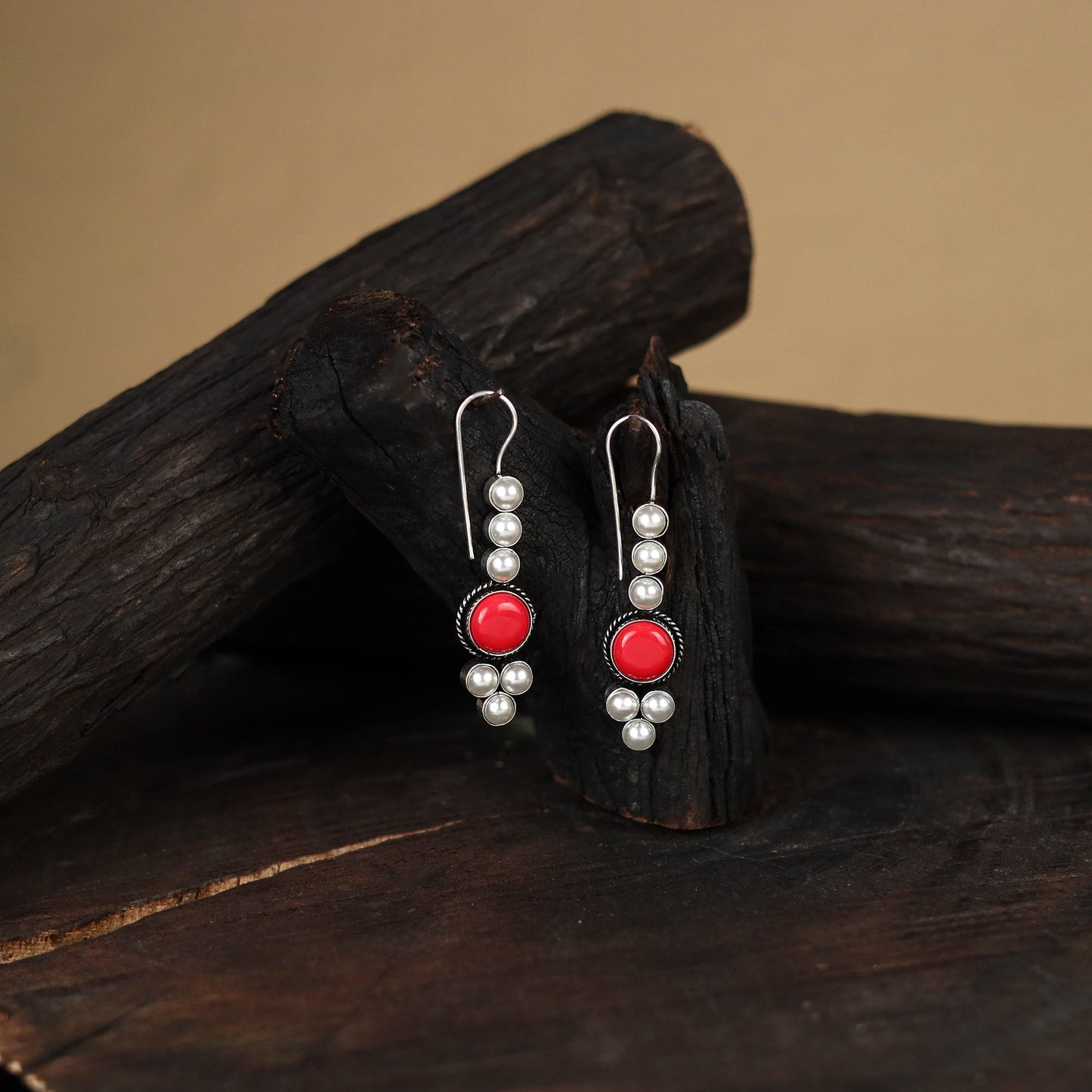 Red - antique silver finish oxidised stone work earrings