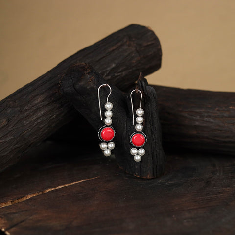 Red - antique silver finish oxidised stone work earrings