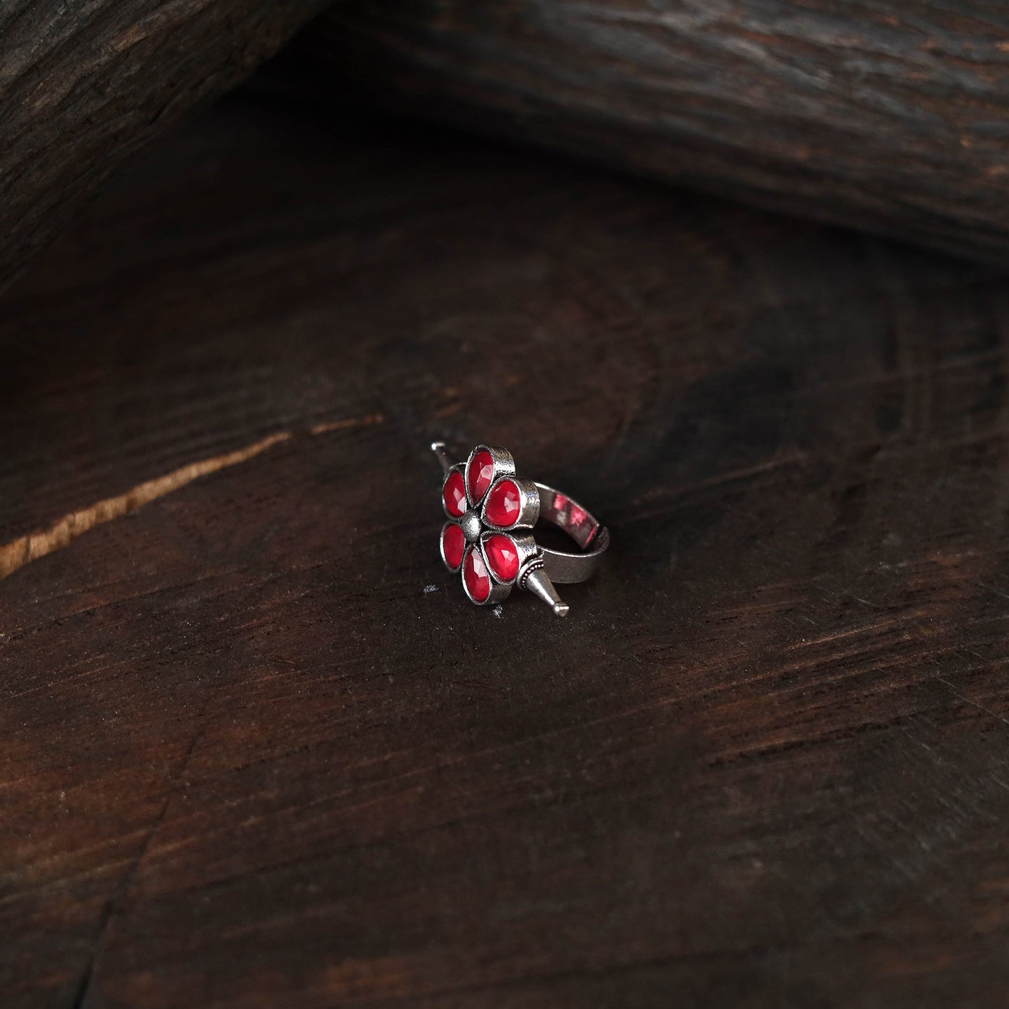 Red - antique silver finish oxidised stone work ring 45
