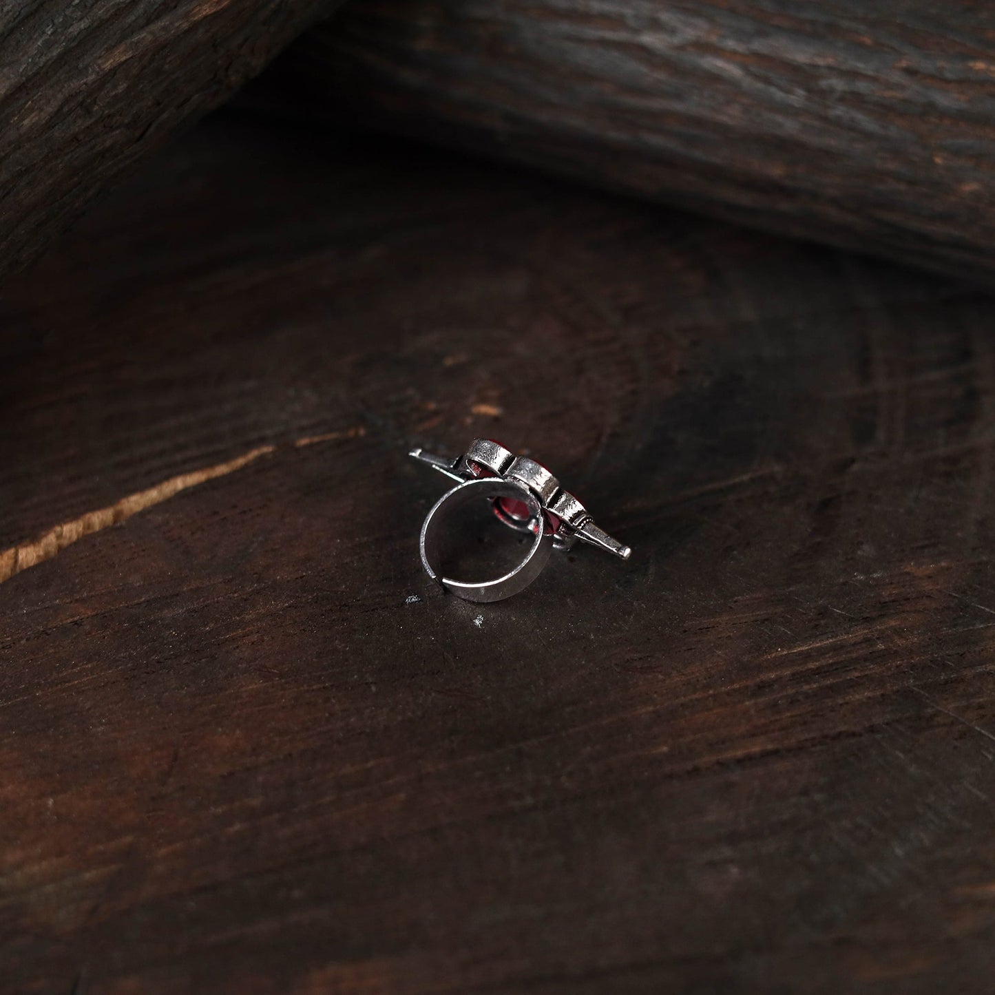Red - antique silver finish oxidised stone work ring 45